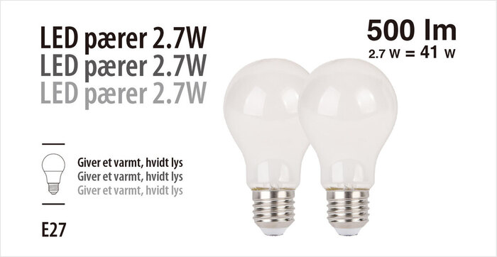 LED-pærer standard 2,7 W E27 - 2-pk.